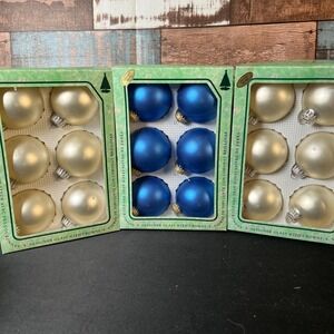 VINTAGE 1993 - 3 Boxes‎ 27 Total Blue & Silver Glass Christmas Ornaments - KREBS